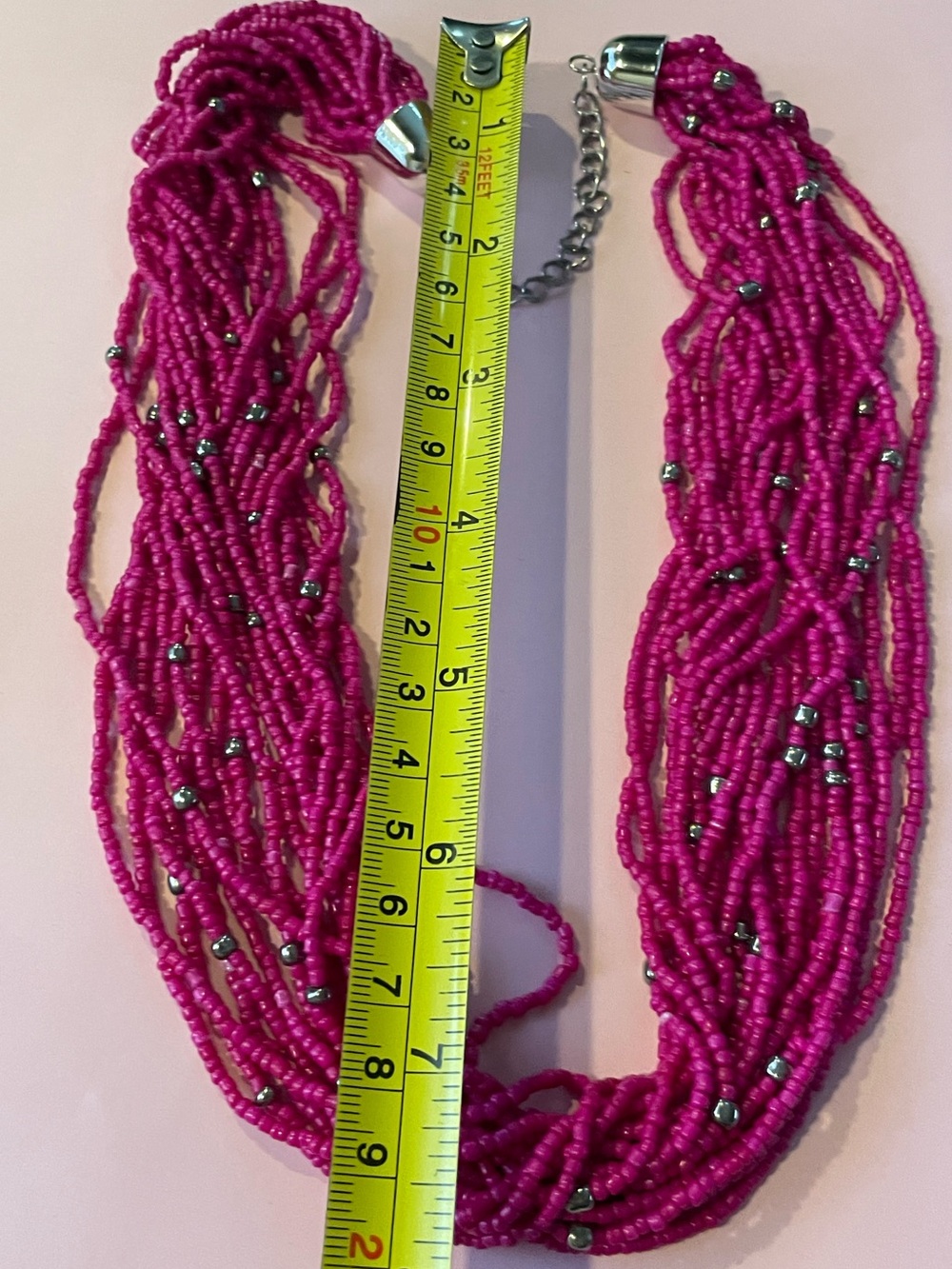 Hot Pink Seed Bead Silver Tone Spacer & Chain Necklace #7135 - Picture 6 of 7